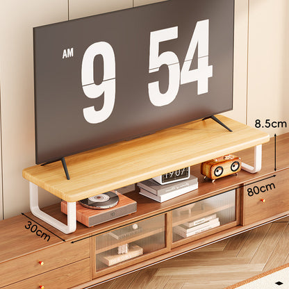 Breite Holz-TV-Ständer mit Metall-U-Beinen und erhöhter Ablage