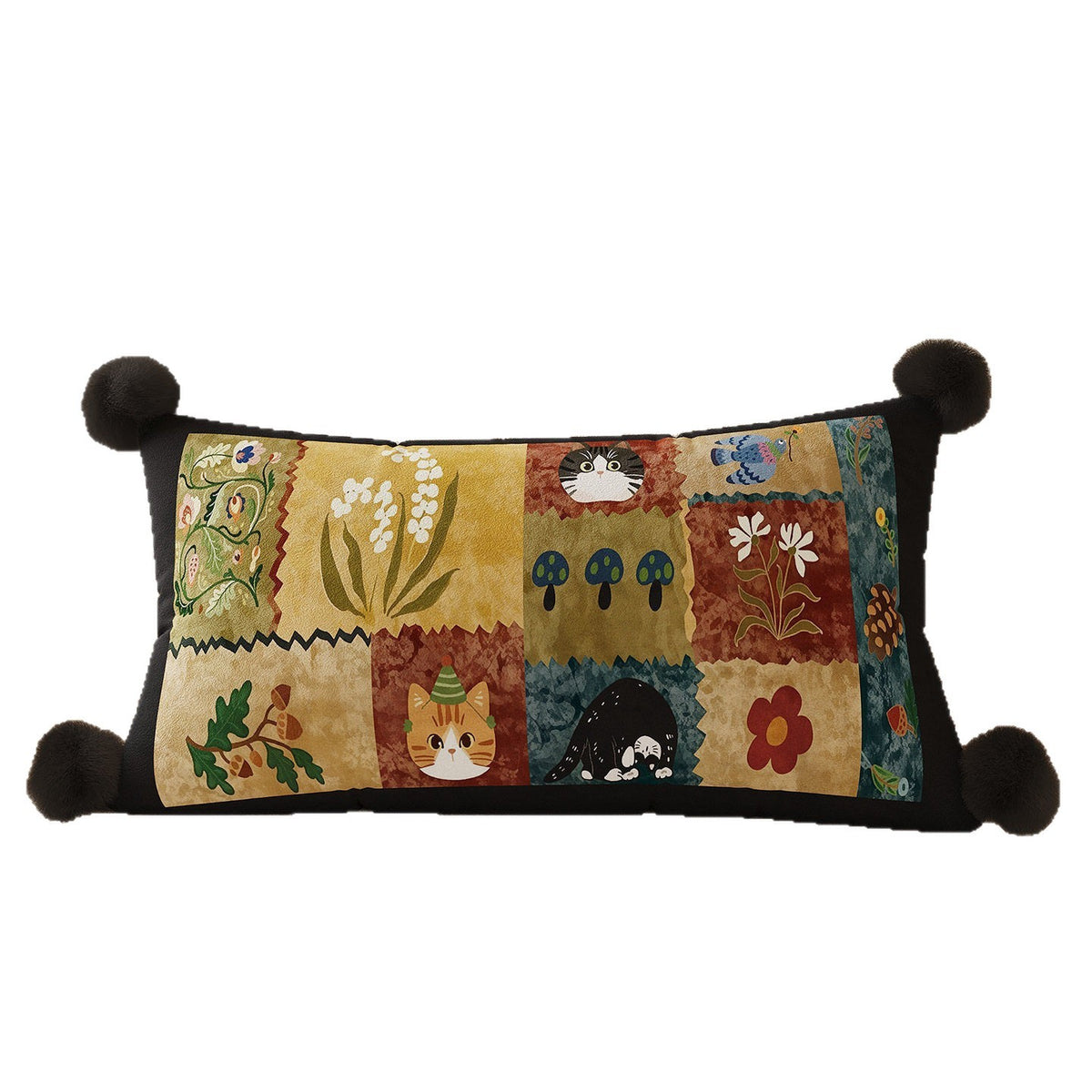 Decorative Rectangular Throw Pillow with Pom-Pom Corners and Patchwork Cat Illustration