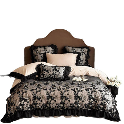 Luxuriöses romantisches Bettwäsche-Set mit bestickten Schmetterlingen und chiffonen Rüschen