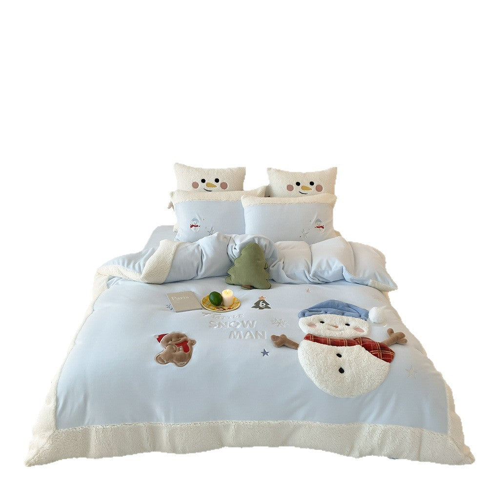 Kinderbettwäsche-Set mit Teddy-Fleece-Kante und dreidimensionalen Schneemann-Applikationen