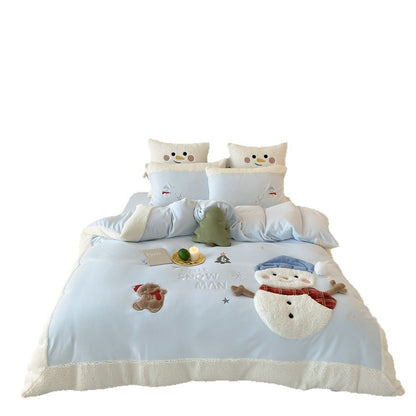 Kinderbettwäsche-Set mit Teddy-Fleece-Kante und dreidimensionalen Schneemann-Applikationen