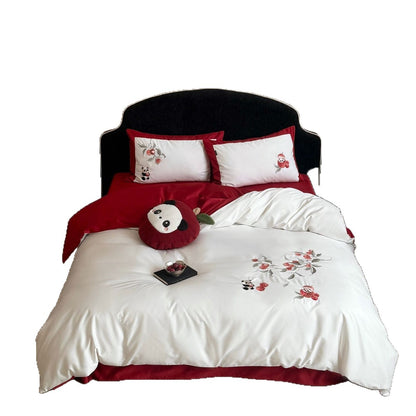 Bestickte Baumwollsatin-Bettwäschegarnitur mit floraler Apfel- und Panda-Applikation Brehn