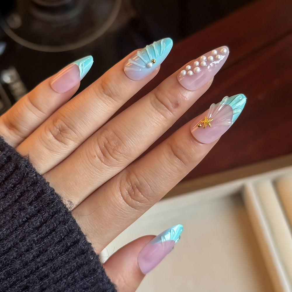 Künstlerisch vom Ozean inspiriertes Press-On-Nagelset Brehn