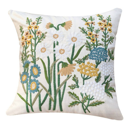 Quadratischer Kissenbezug mit handgesticktem Wildblumen‑Relief, Leinen‑Baumwollmix und verdecktem Reißverschluss Brehn