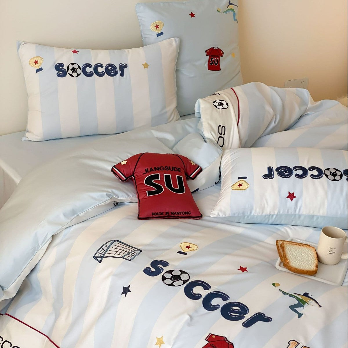Kinderbettwäsche-Set mit Fußball-Motiv aus weichem Baumwollsatin