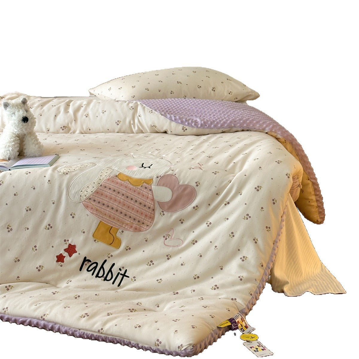Quilted Baumwollmischung Applikation Hase Komforter Set mit Wendbarem Minky Besatz und Dekorativen Kissenbezügen