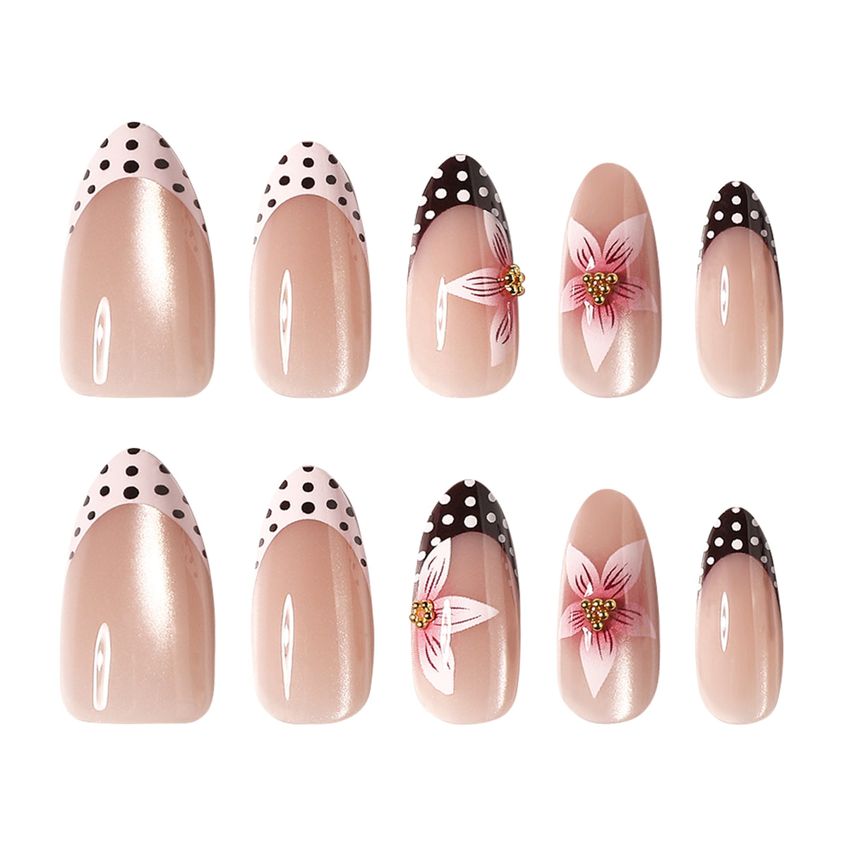 Kunstvolle Nagelverlängerungen mit Blüten- und Punktedesign Brehn