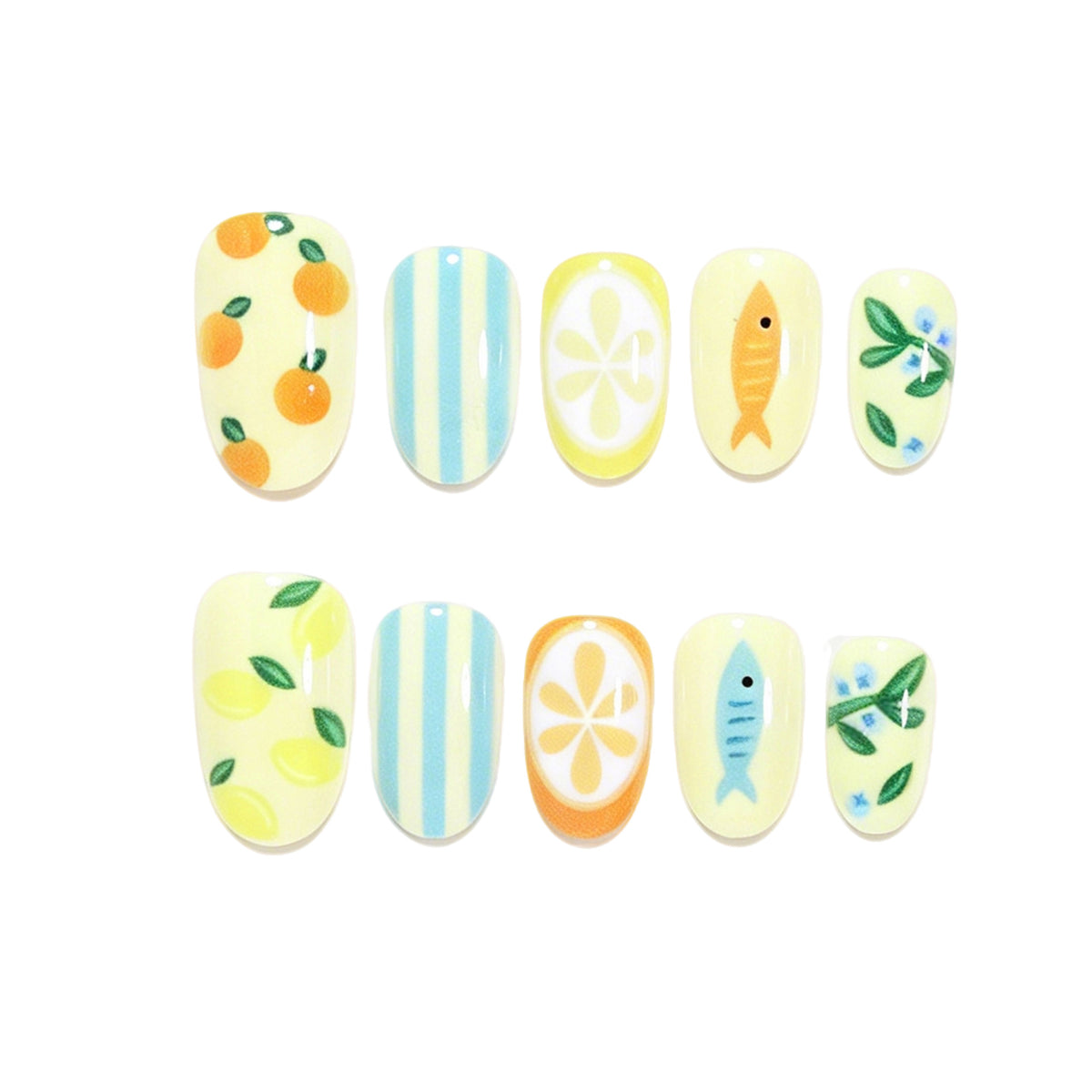 Verspieltes Nagelkunstset mit Obst- und Fischmotiv Brehn