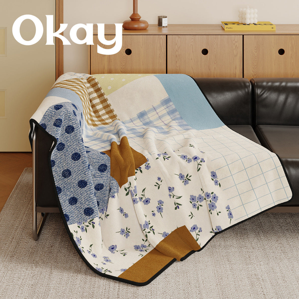 Reversible Patchwork Plush Throw Blanket with Mixed Plaid Stripes and Floral Panels