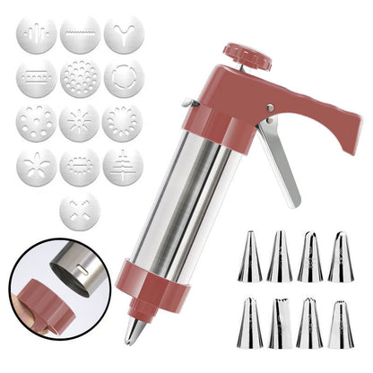 Cookie Press and Decorating Gun with Eight Stainless Nozzles and Six Embossed Discs