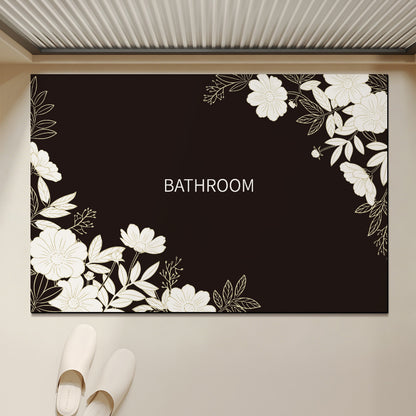 Absorbent Anti-Slip Bathroom Door Mat with Floral Corner Print and Quick-Dry Microfiber Surface