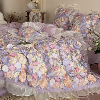 3D Floral Spitze Applikation Rüschende Bettbezug Set