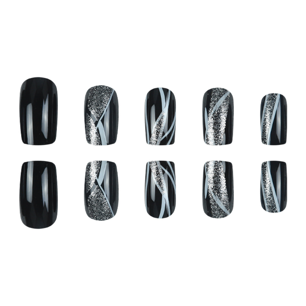 Stylische Press-On-Nagelkunst mit Glitter und geometrischem Design Brehn