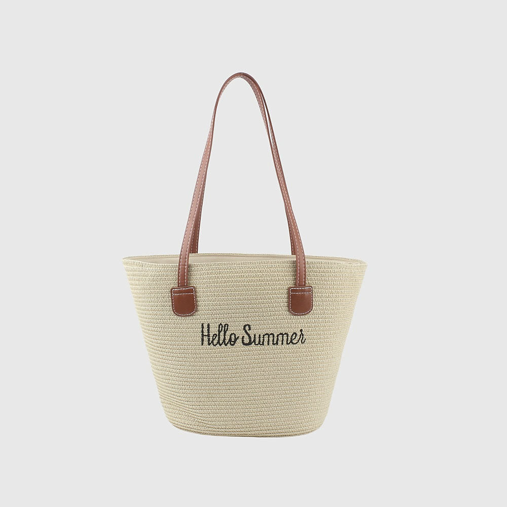 Sommerliche Basttasche mit Ledergriffen Brehn