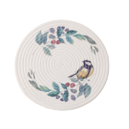 Rundes Tischset aus gewebter Baumwolle mit niedlicher Nashorn-Illustration und floralem Kranz Brehn