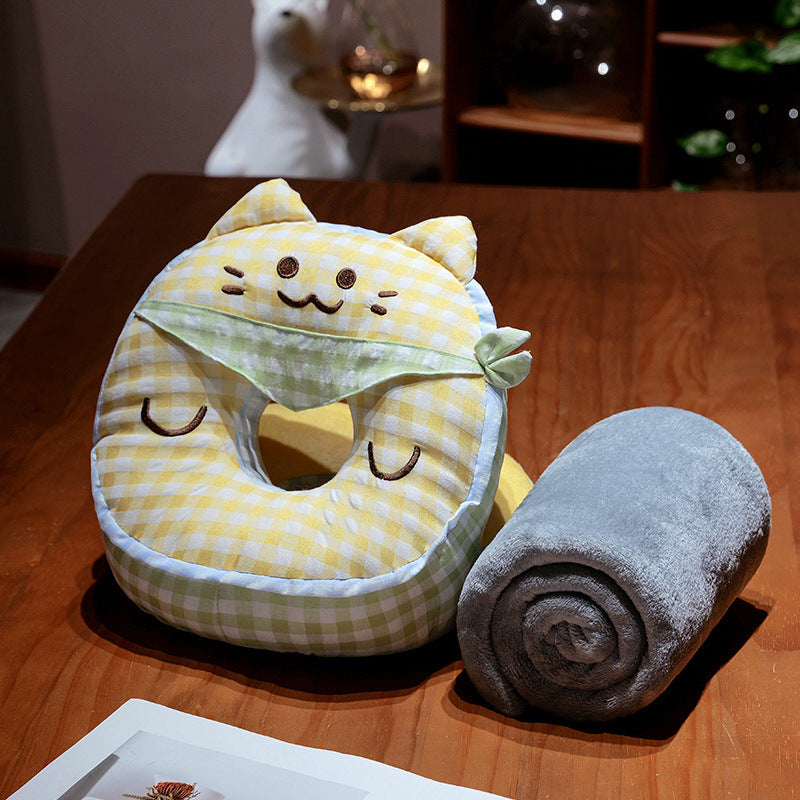 Nackenreisekissen für Kinder Plüsch mit Katzenohren und integrierter Reise-Decke