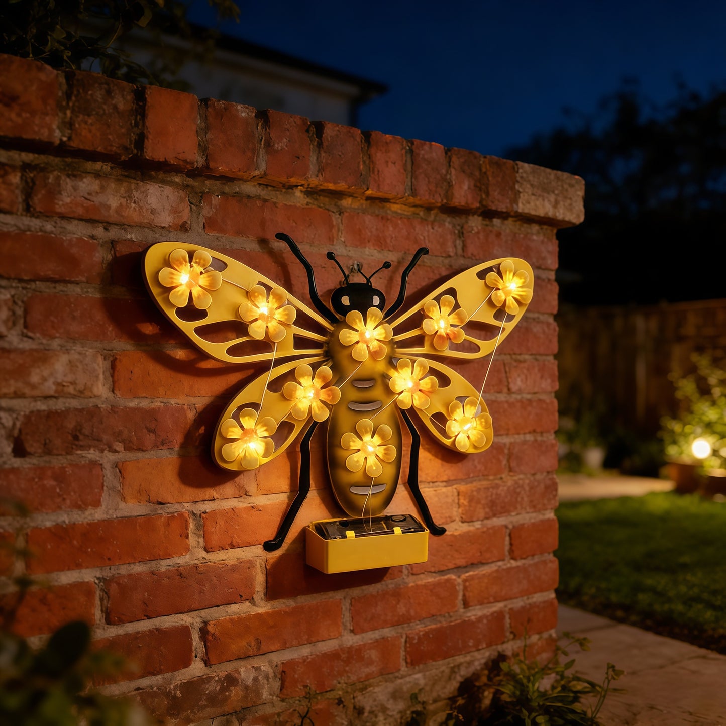 Dekorative Solar LED Bienen Wand Skulptur Mit Floralen Lichterketten Und Metall Halterung Brehn
