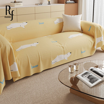 Stretch-Fit Checkerboard Sofa Slipcover with Cute Cat Illustration