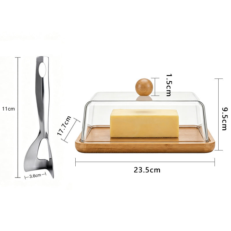 Bamboo Butter Dish with Glass Dome and Stainless Steel Spreaders