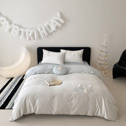 Besticktes Pom-Pom Baumwollsatin Bettwäsche Set mit dekorativem runden Kissen