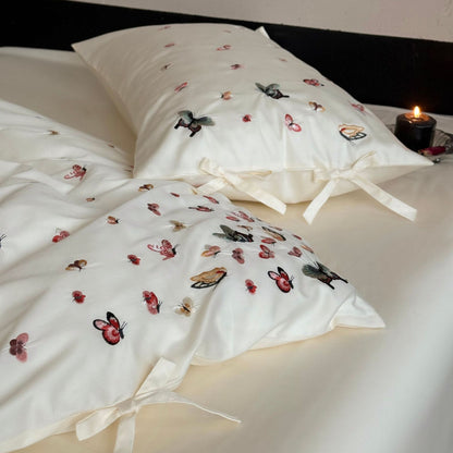 Besticktes Schmetterling Baumwollsatin Bettbezug Set mit gebundenen Kissenbezügen