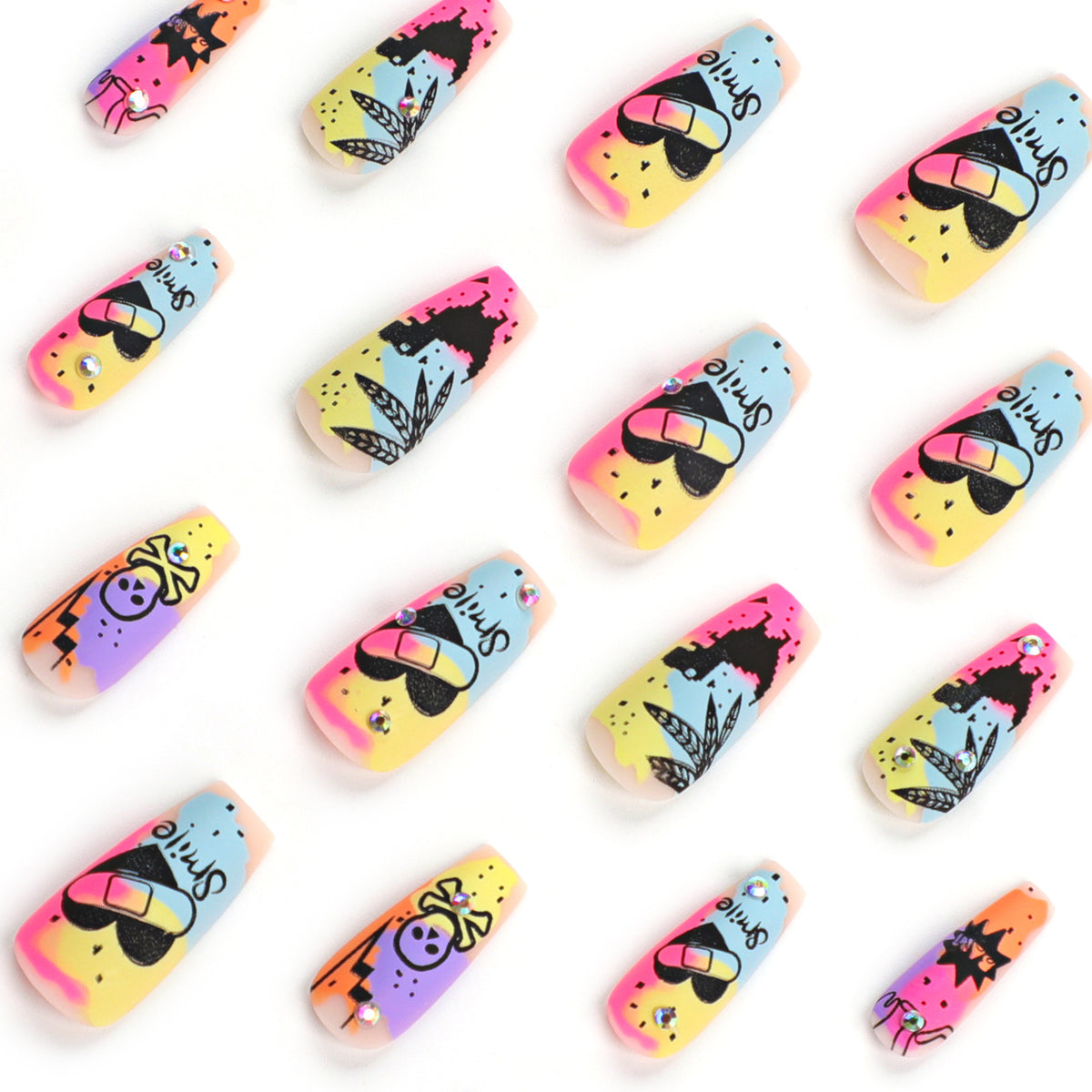 Kunstvolle Nagelkunst mit buntem Motiv und Glitzerverzierung Brehn