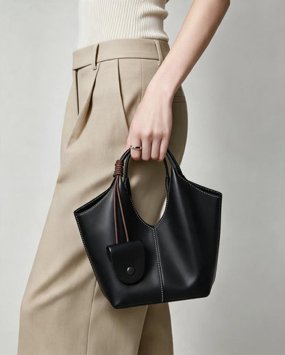 Kragend-Top Weiches Leder Bucket Tote mit Hängender Mini-Tasche