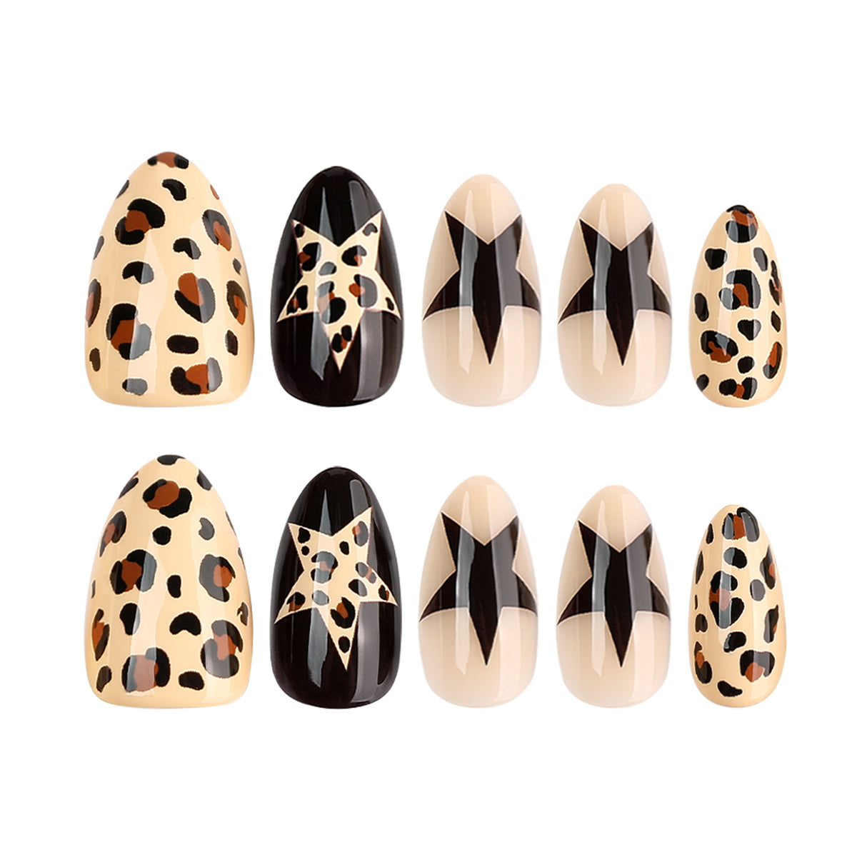 Kunstvolle Nagelverlängerungen mit Leoparden- und Sternen-Design Brehn