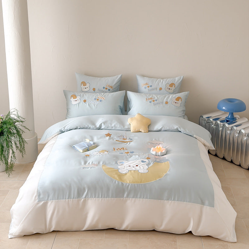 Kinder-Bettwäsche-Set aus Baumwollsatin mit applizierter Mond- und Bärenapplikation, gesteppter Bettdecke Brehn