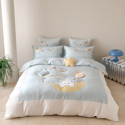 Kinder-Bettwäsche-Set aus Baumwollsatin mit applizierter Mond- und Bärenapplikation, gesteppter Bettdecke Brehn