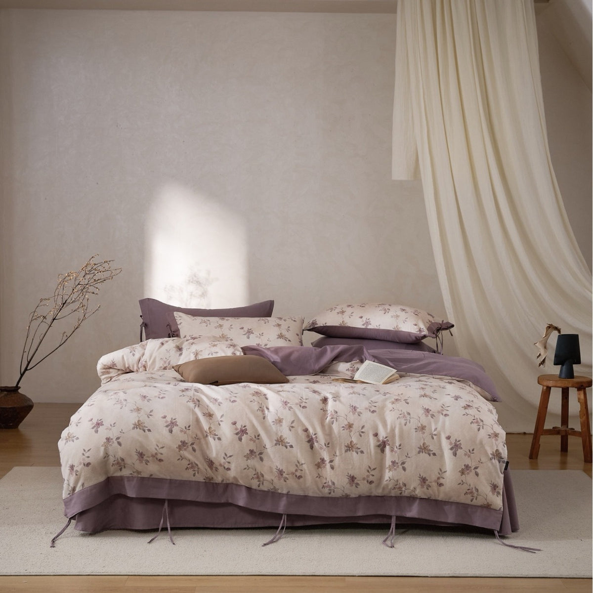 Blumen Baumwoll-Satin Wendebettwäsche Set mit einfarbigen Oxford-Kissenbezügen