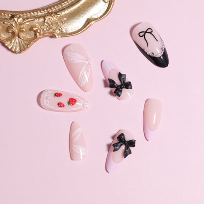 Künstlerisches Press-On-Nagel-Set mit Schleifen- und Beeren-Design Brehn