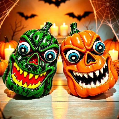 Gruselige Halloween-Kürbis-Dekorfigur mit Süßigkeitenfach, LED-Augen und markantem Gruselgesicht