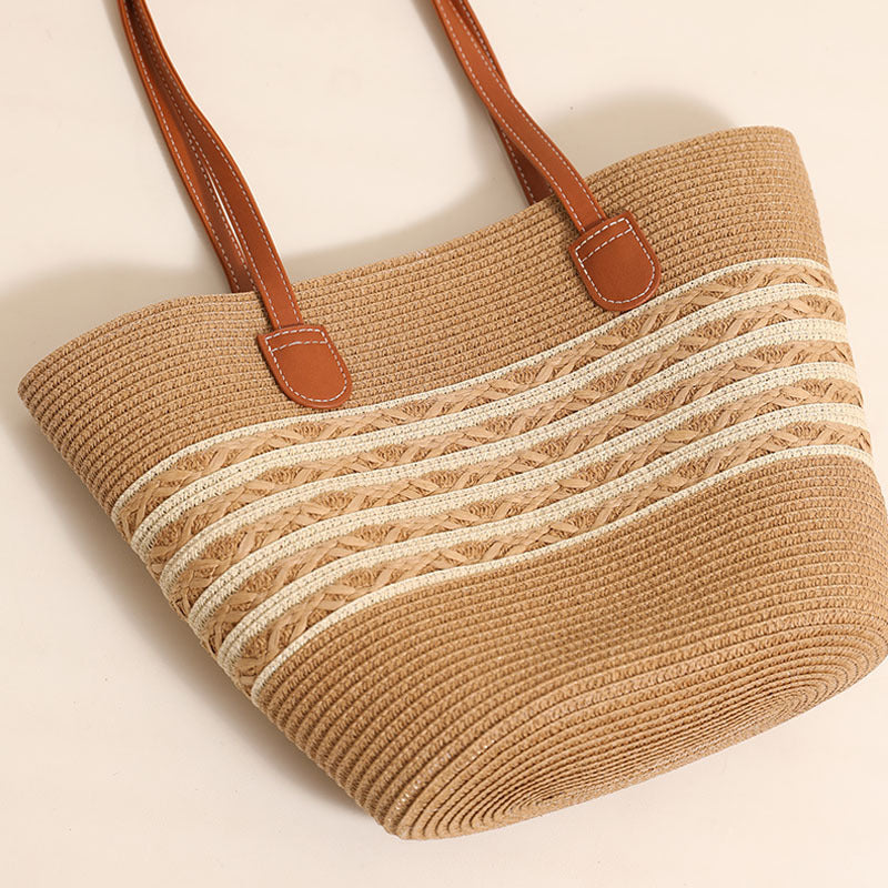 Damen Strandtasche aus hochwertigem geflochtenem Naturmaterial mit stilvollen Lederakzenten Brehn