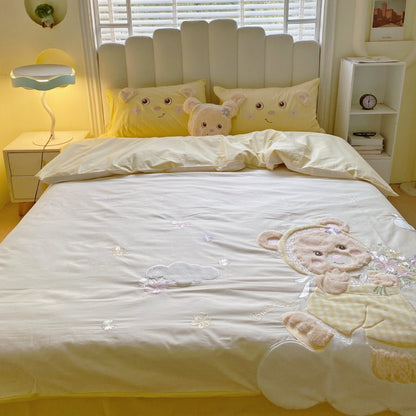 Bestickte Teddy Bettbezug Set mit Plüschapplikation und Karoborte
