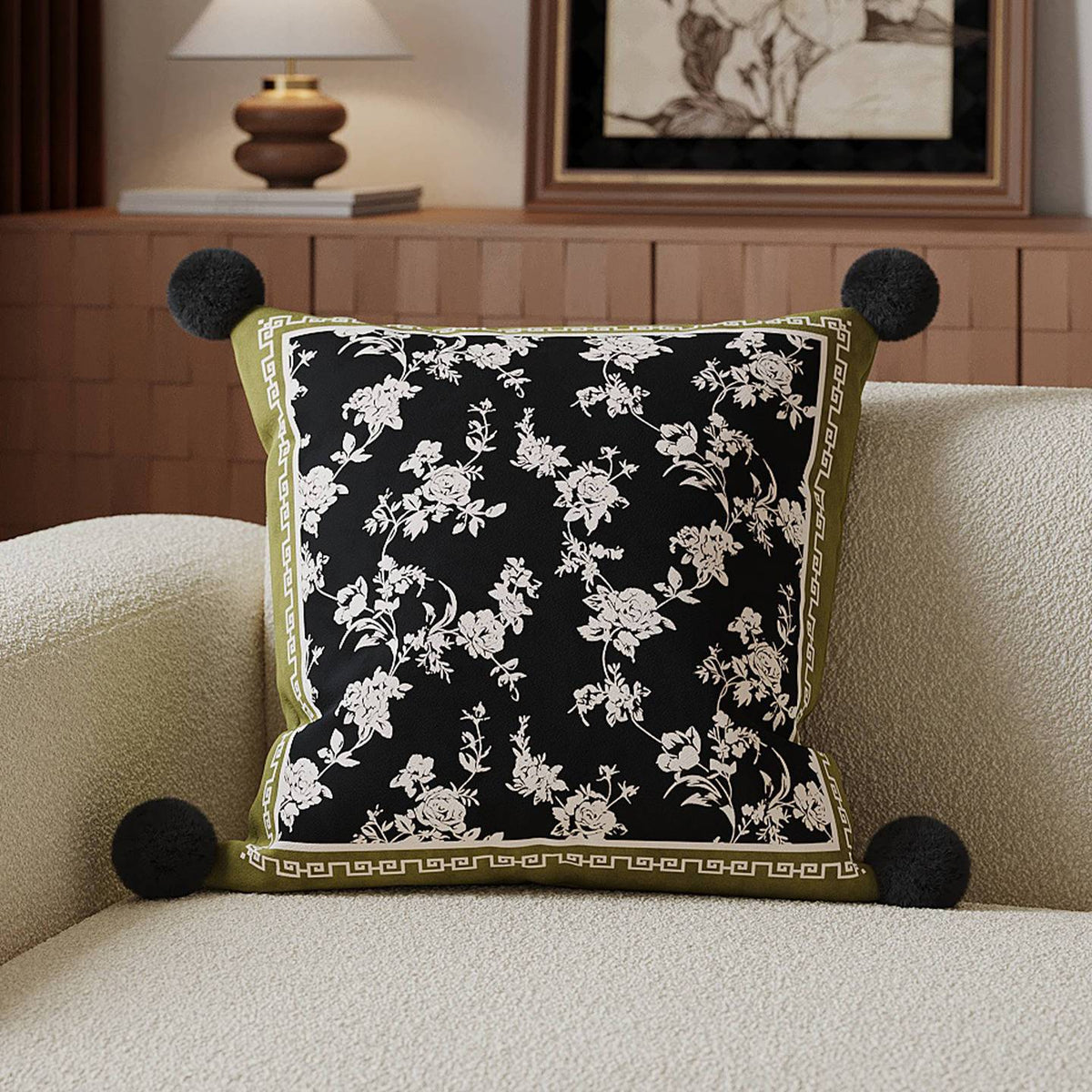 Square Decorative Toile Print Cushion Cover with Corner Pom-Pom Trims and Hidden Zipper