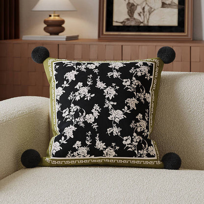 Square Decorative Toile Print Cushion Cover with Corner Pom-Pom Trims and Hidden Zipper