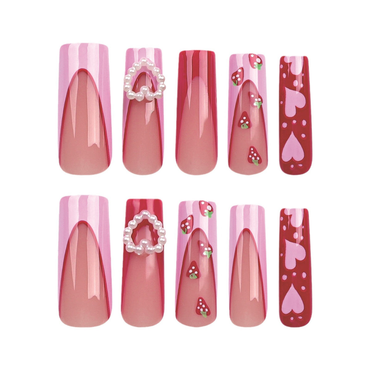 Kunstvolle Nagelverlängerungen mit Herzen- und Erdbeer-Design Brehn