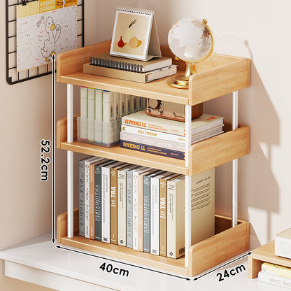 Minimalistische solide Holz-Zwei-Ebenen-Schreibtischbuchregal mit Metallstützstäben