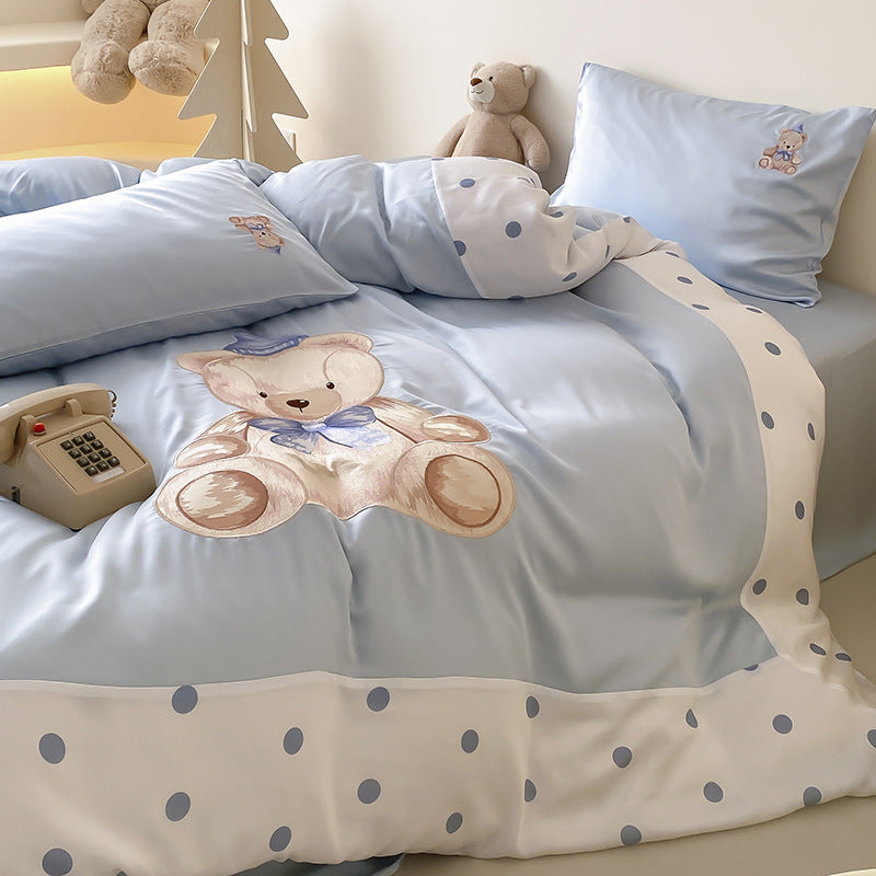 Wendbares Satin-Bettwäscheset für Kinder mit großem Aquarell-Teddy, Punktebordüre und seidig-mattem Finish