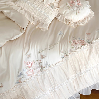 Rüschend Ornamentierte Rosen-Print Baumwollsatin Bettbezug & Kissenbezug Ensemble mit Rüschensaum-Style Bettrock