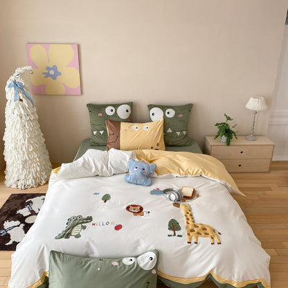 Kinder Baumwoll Applikation Bettwäsche Set mit gestickten Safari-Motiven und Kopfkissenbezügen