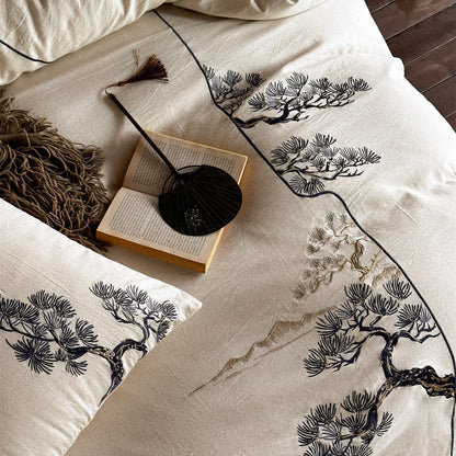Bestickte Leinenmischung Bettbezug Set mit botanischem Kieferbaum-Motiv