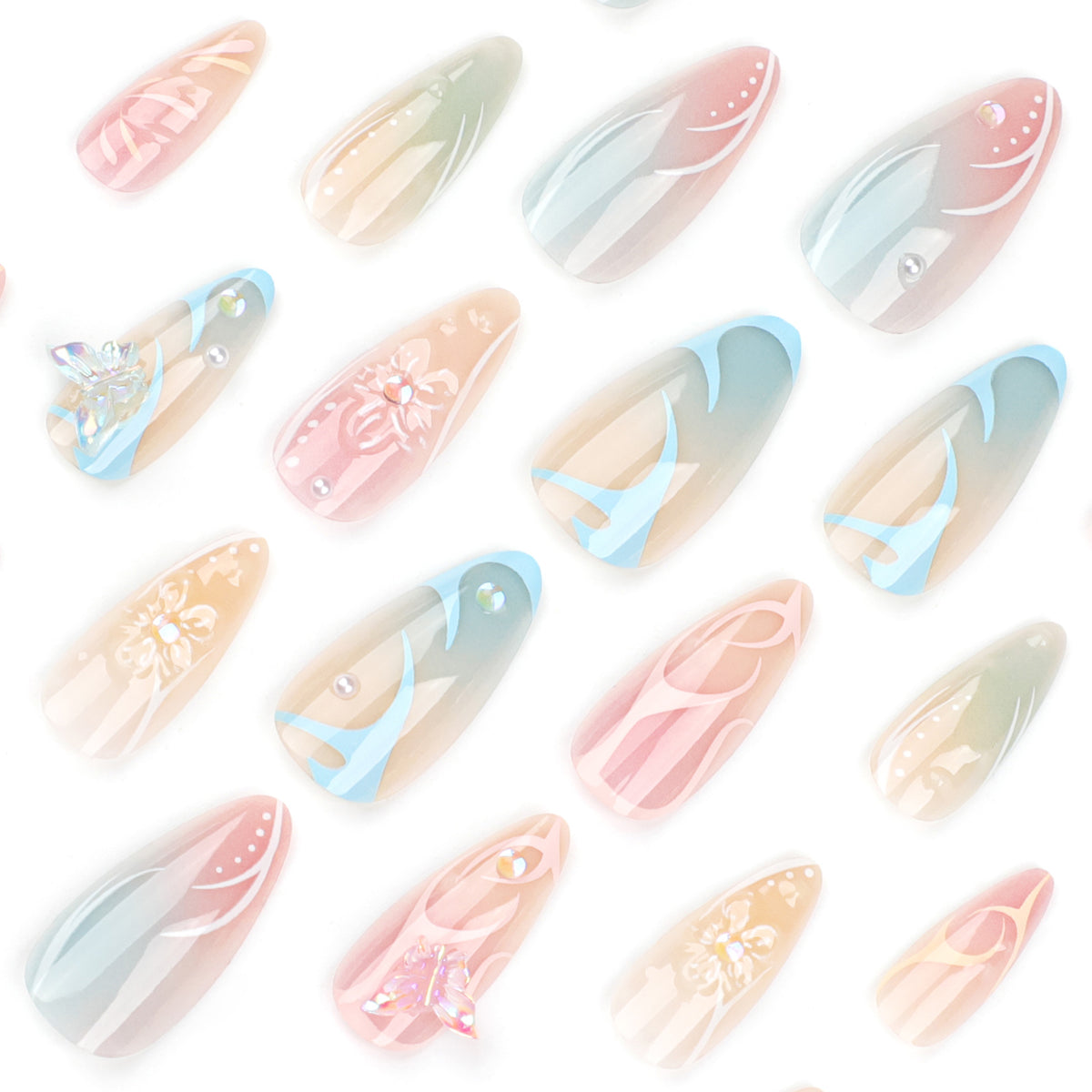 Kunstvolle Nagelverlängerungen mit 3D-Blumen und Glitzerakzenten Brehn