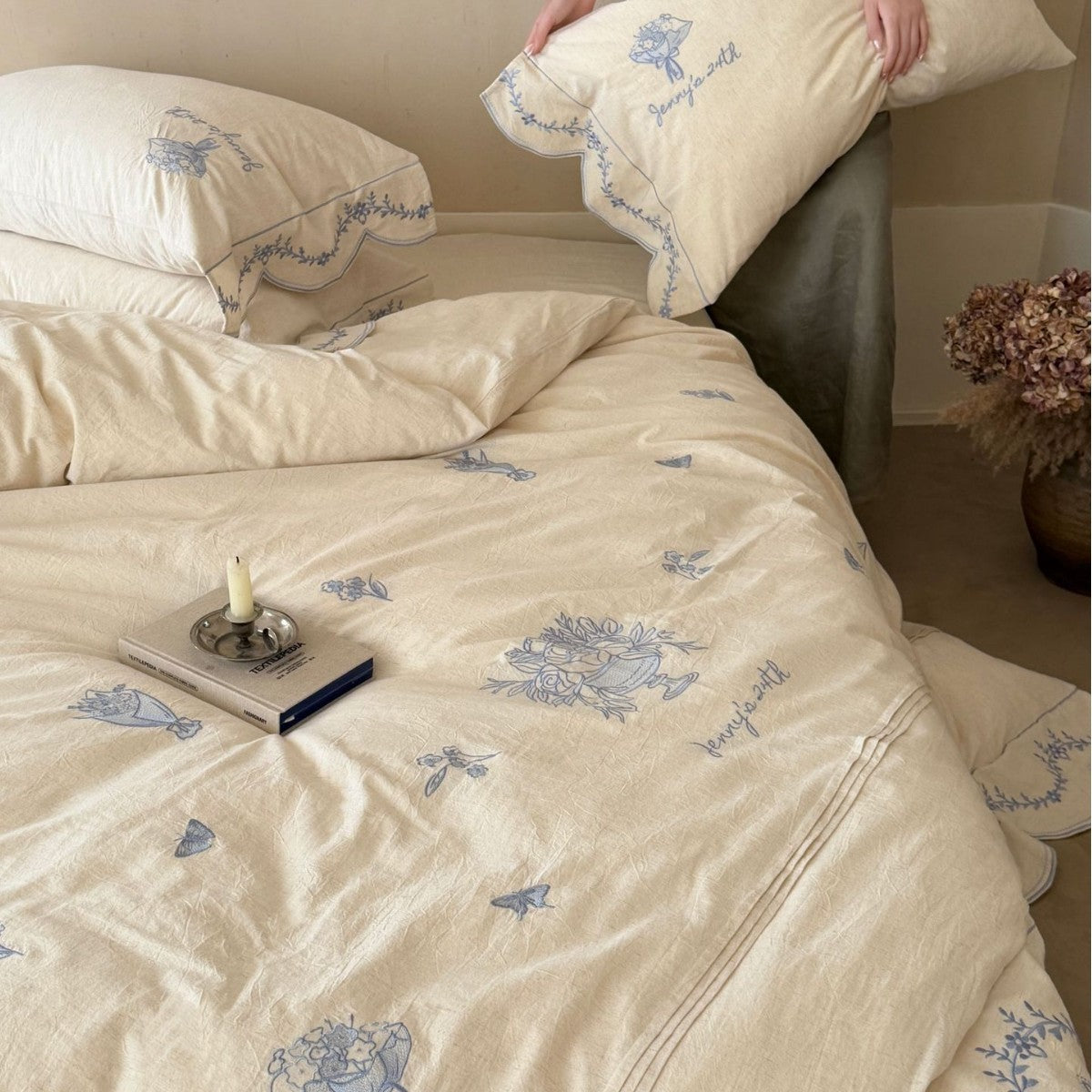 Bestickte Scalloped-Edge Baumwoll-Leinen Bettbezugset