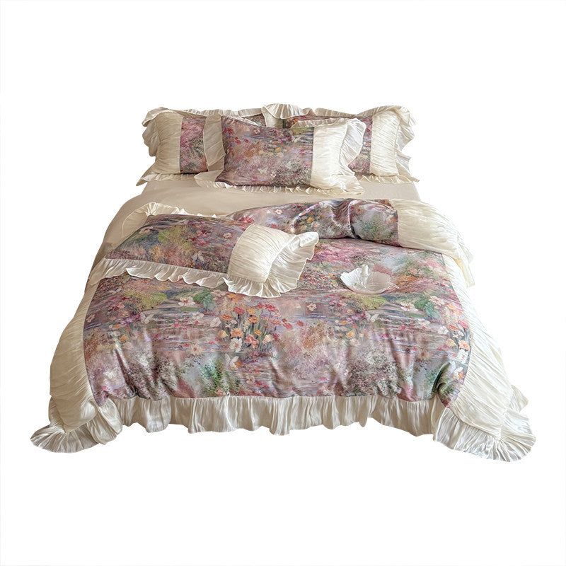 Florales Aquarell Satin Rüsch Bettdeckenbezug Set