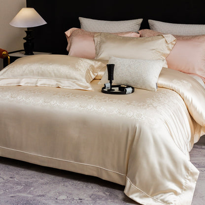 Seiden-Feel Jacquard Satin Bettbezug Set mit geprägt floralem Rand