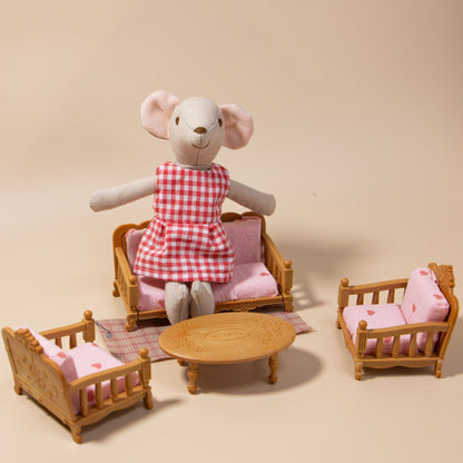 Handgemachte Leinenmaus Puppe mit abnehmbarem Karodress
