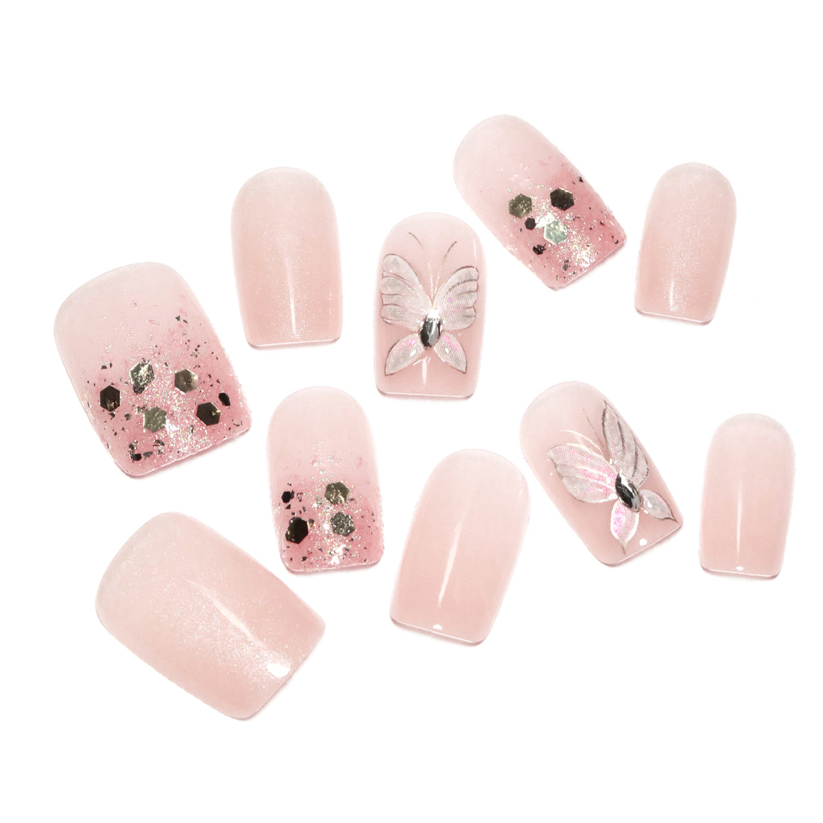 Kunstvolle Nagelkunst mit Schmetterlingsmotiven und Glitzerakzenten Brehn