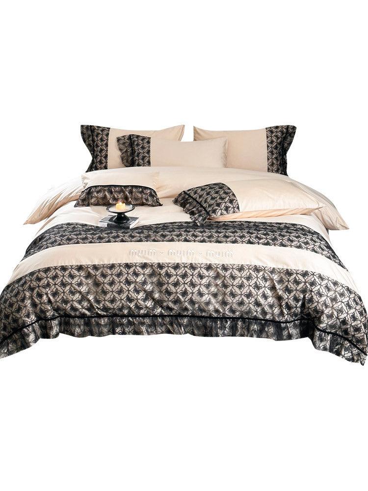 Luxuriöses Wendbares Baumwollsatin-Bettwäscheset mit Jacquard-Bordüre und Volant
